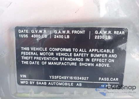 2006 Saab 9-3 2.0T из США, поврежденный, VIN YS3FD49Y161034927